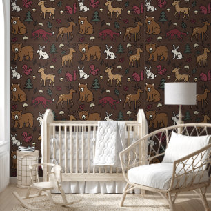 Woodland Forest Doodle Animals Brown Wallpaper