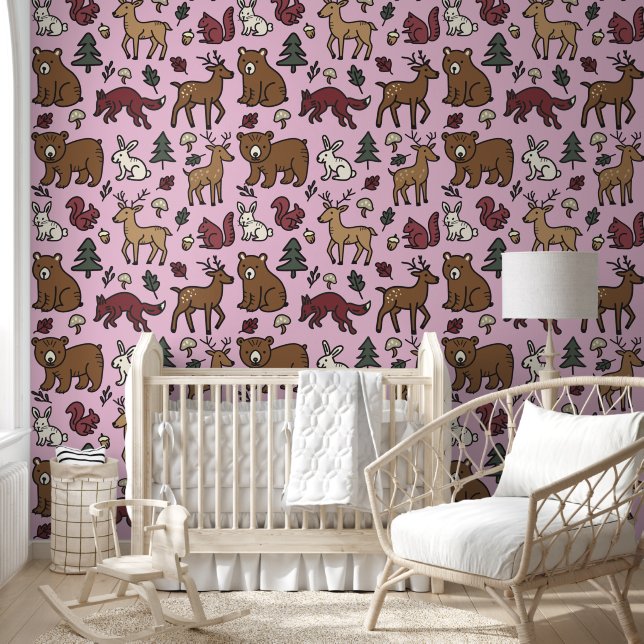 Woodland Forest Doodle Animals pink Wallpaper (Kids)