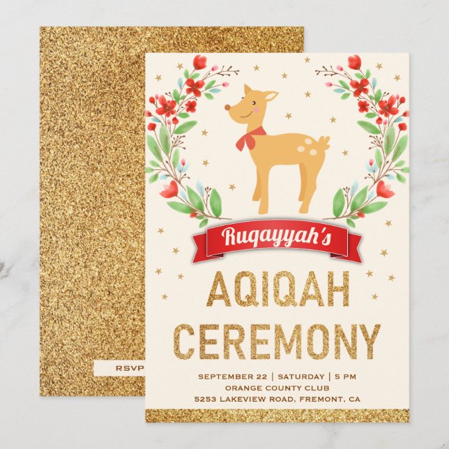 Woodland Forest Floral Gold Girl Deer Aqiqah Invitation (Front/Back)