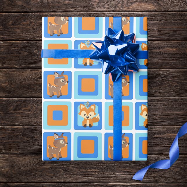Woodland Forest Fox & Deer Blue Wrapping Paper (Adorable Woodland Animal Wrapping Paper in of Blue, Orange and Brown. Features a Fox and Deer)