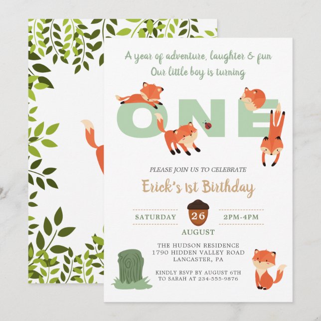 Woodland Forest Fox First Birthday Invitation (Front/Back)