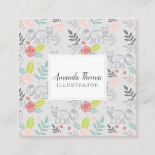 Woodland Forest Fox & Floral Foliage greenery Square Business Card