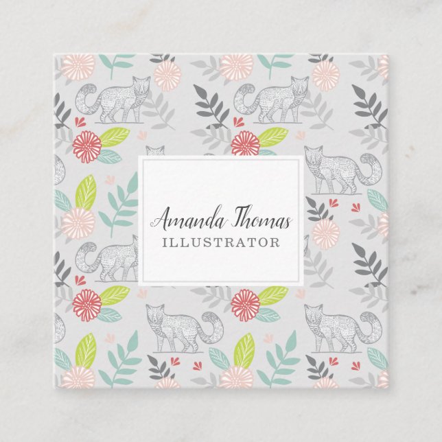 Woodland Forest Fox & Floral Foliage greenery Square Business Card (Front)