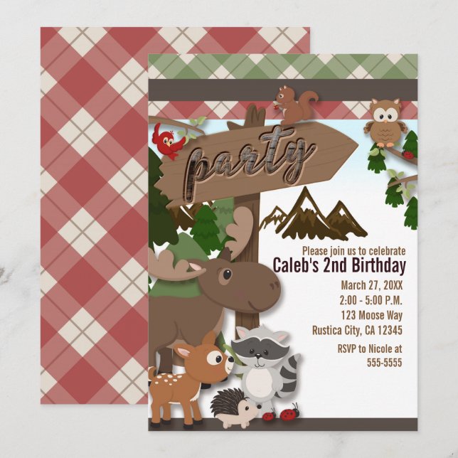 Woodland Forest Friends Kids Birthday Party Invitation (Front/Back)