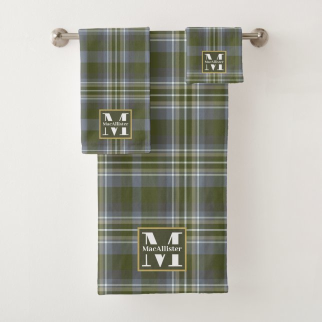 Woodland Forest Green Grey Plaid Monogram Name Bath Towel Set (Insitu)