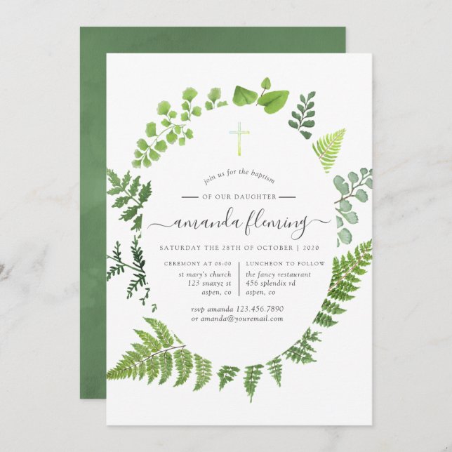 Woodland Forest Greenery Baptism or Christening Invitation (Front/Back)