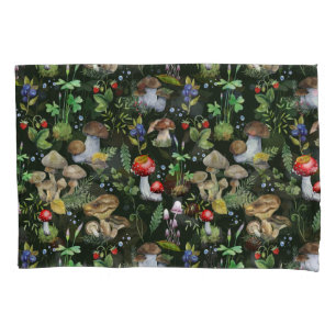 Woodland Forest Greenery Mushrooms Plants Pattern Pillowcase