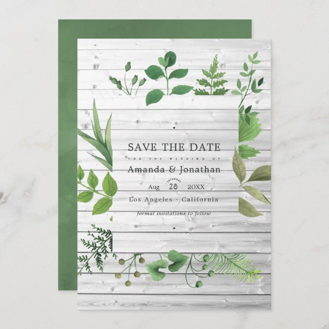 Woodland Forest Greenery Rustic Wedding Photo Save The Date (Front/Back)