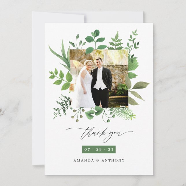 Woodland Forest Greenery Wedding Photo Collage Thank You Card (Front)