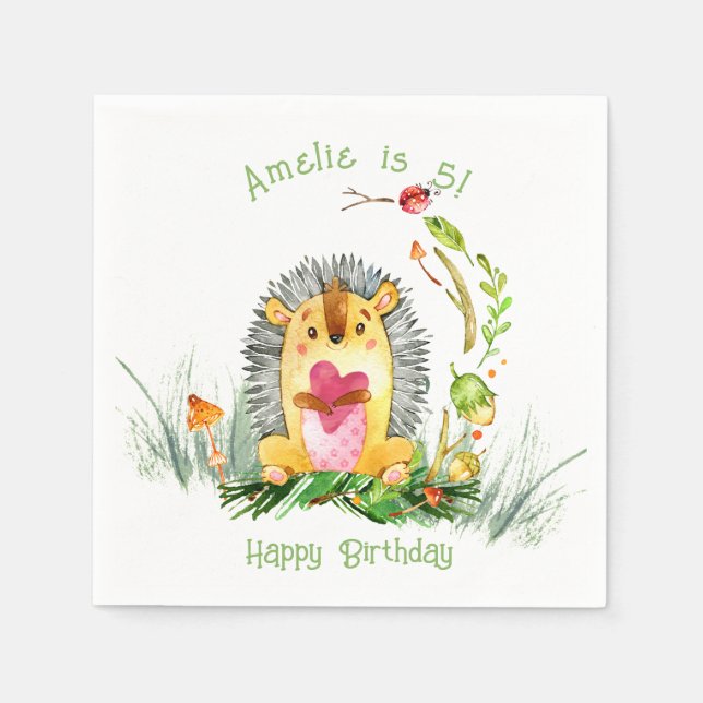 Woodland Forest Hedgehog Cute Birthday Napkin (Front)