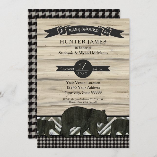 Woodland Forest Lumberjack Bears Wood Baby Shower Invitation (Front/Back)