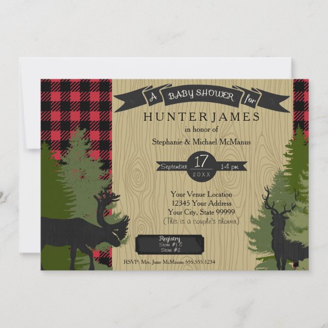 Woodland Forest Lumberjack Plaid Wood Baby Shower Invitation (Front)