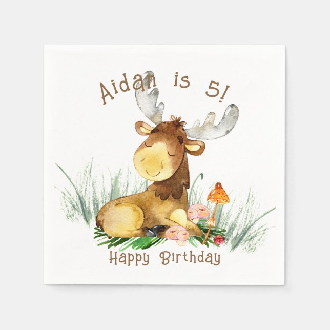 Woodland Forest Moose Cute Birthday  Napkin (Front)
