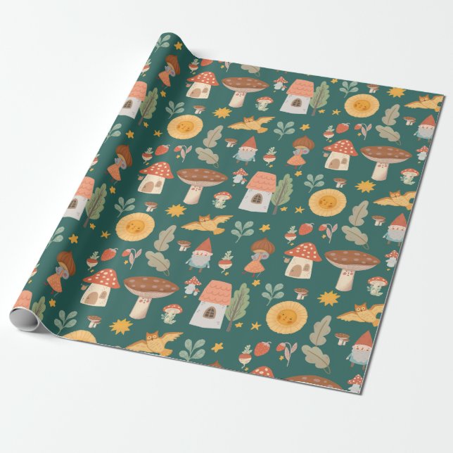 Woodland forest mushroom wrapping paper (Unrolled)