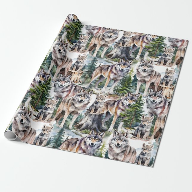 Woodland Forest Pack Of Wolves Wrapping Paper (Unrolled)