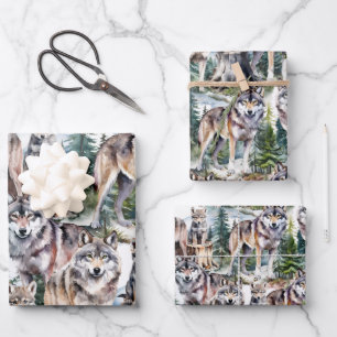 Woodland Forest Pack Of Wolves Wrapping Paper Sheet