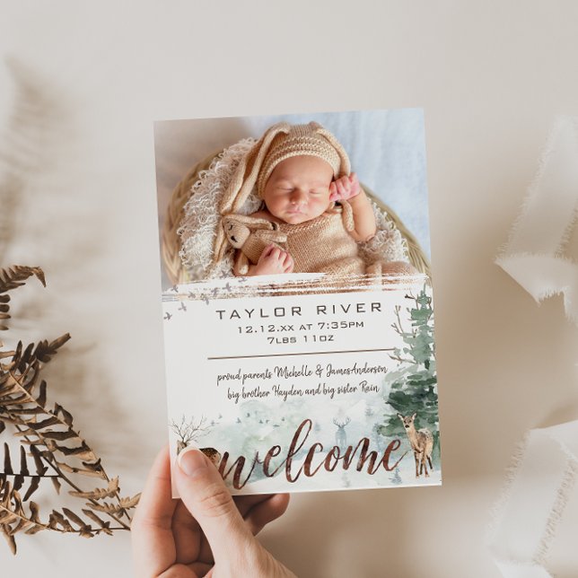 Woodland Forest Pine Deer Photo Birth Announcement (Creator Uploaded)