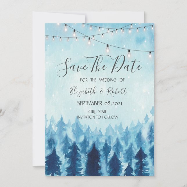 Woodland,Forest,Pine Trees Blue Save The Date (Front)