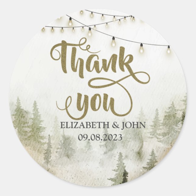 Woodland,Forest,Pine Trees,String Lights Thank You Classic Round Sticker (Front)