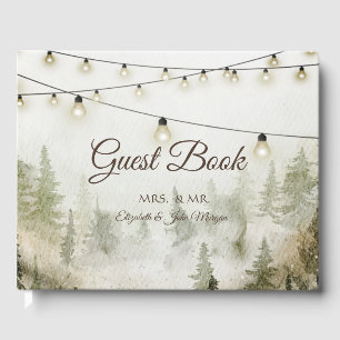 Woodland,Forest,Pine Trees,String Lights Wedding Guest Book