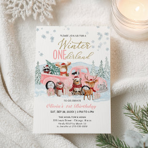 Woodland Forest Pink Truck ONEderland 1st Birthday Invitation