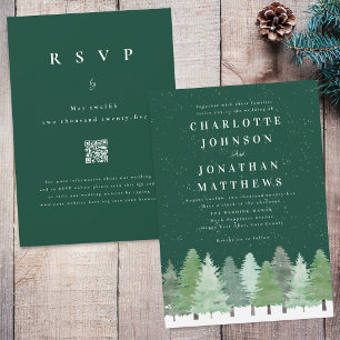 Woodland Forest QR Code Green Winter Wedding Invitation