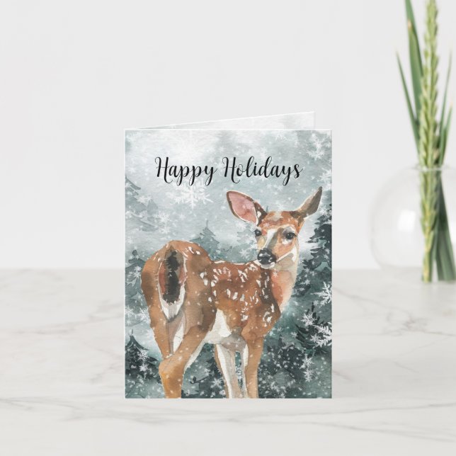 Woodland Forest Reindeer Doe Happy Holiday Card (Front)