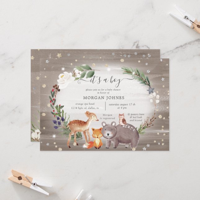 Woodland Forest Sparkle Baby Shower Invitation (Front/Back In Situ)