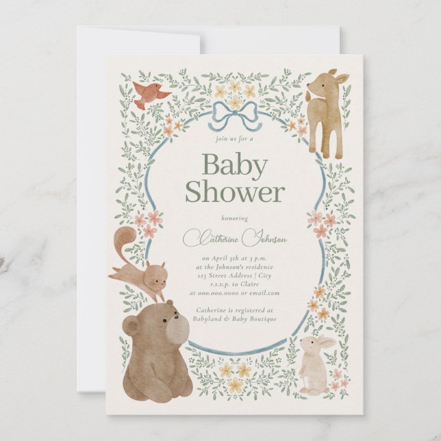 Woodland Forest Watercolor Animals Boy Baby Shower Invitation (Front)