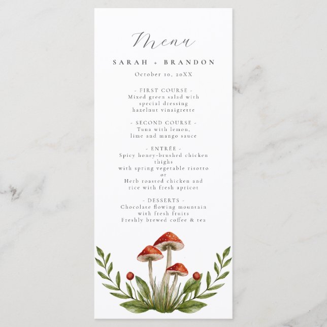 Woodland forest Watercolor Mushroom Wedding  Menu (Front)