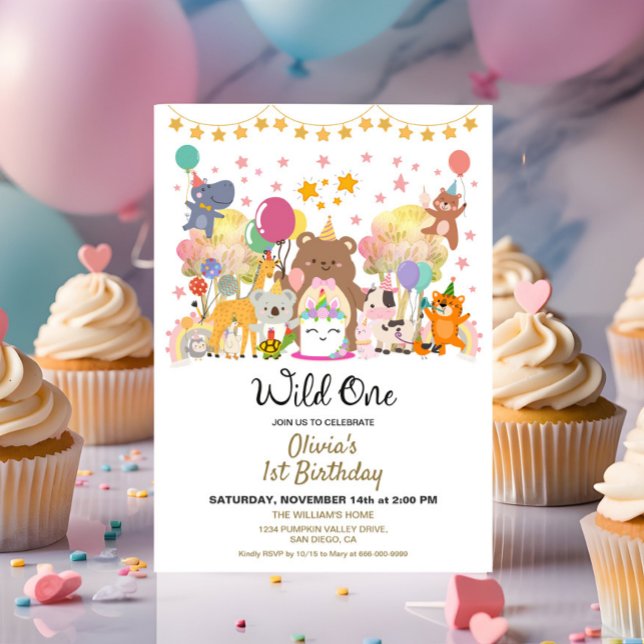 Woodland Forest Wild One Birthday Party  Invitation (Woodland Wild One 1st birthday girl party invitation)