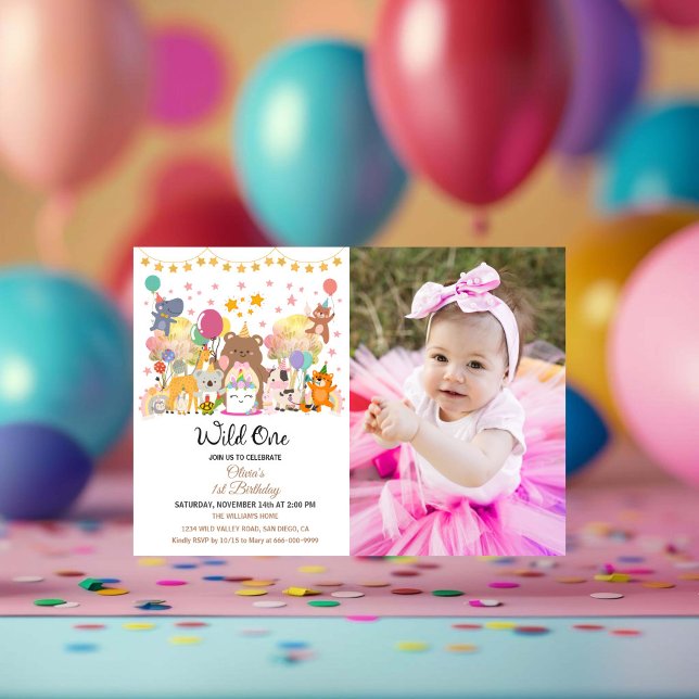 Woodland Forest Wild One Girl 1st Birthday Party  Invitation (woodland forest wild one birthday party horizontal photo invitation)