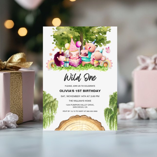 Woodland Forest Wild One Girl 1st Birthday Party  Invitation (Woodland Wild One 1st birthday girl party invitation)