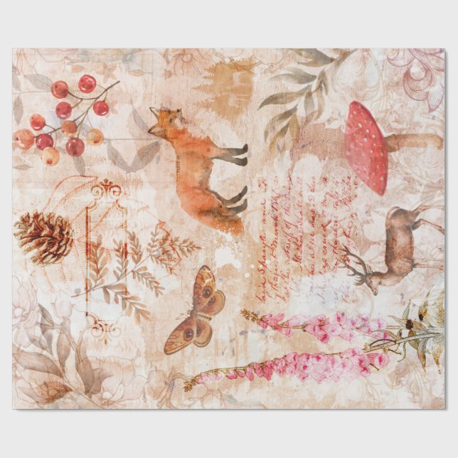 Woodland Forest Wildlife Fox Deer Decoupage Wrapping Paper (Flat)