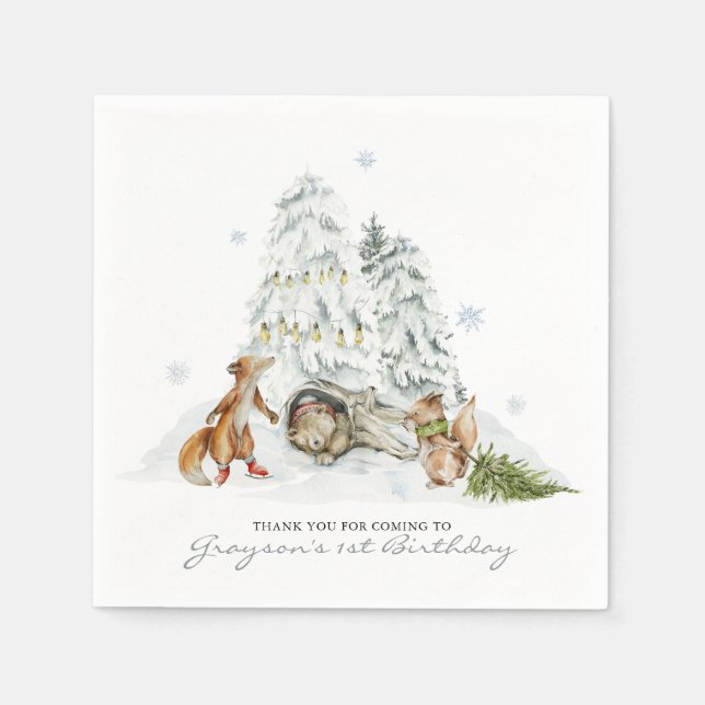 Woodland Forest Winter Christmas Birthday Party Napkin (Front)