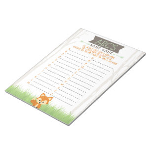 Woodland Fox ABC Baby Shower Game Pack Notepad