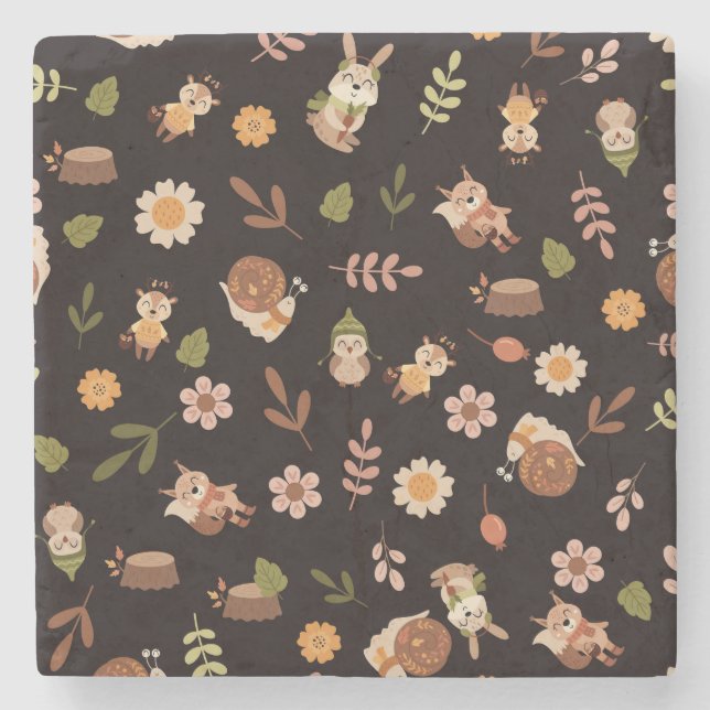 Woodland Fox Autumn Theme Dark Stone Coaster (Front)