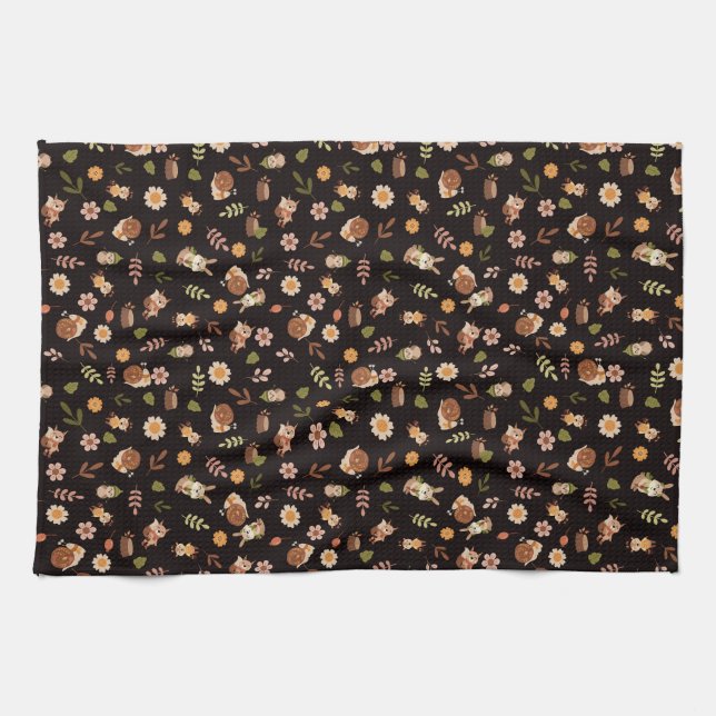 Woodland Fox Autumn Theme Dark Tea Towel (Horizontal)