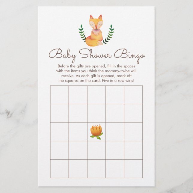 Woodland Fox Baby Shower Bingo Game (Front)