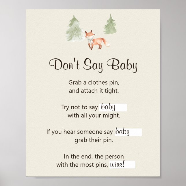 Woodland Fox Baby Shower Don't Say Baby Poster (Front)