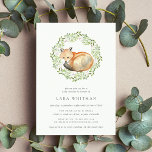 Woodland Fox Baby Shower Invitation<br><div class="desc">Elegant nature inspired baby shower invitations feature a sweet watercolor fox curled up inside a wreath of eucalyptus and green foliage. Personalise with your woodland themed or fall baby shower details beneath.</div>