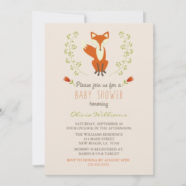 Woodland Fox Baby Shower Invitations (Front)