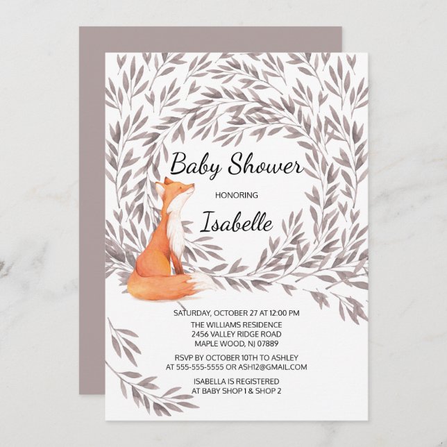 Woodland Fox Baby Shower Invite (Front/Back)