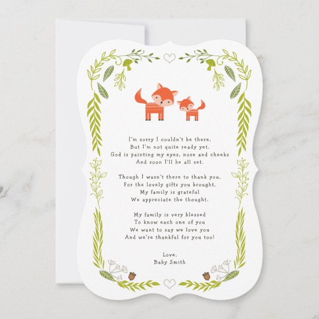 Woodland Fox baby shower thank you note with poem Card (Front)