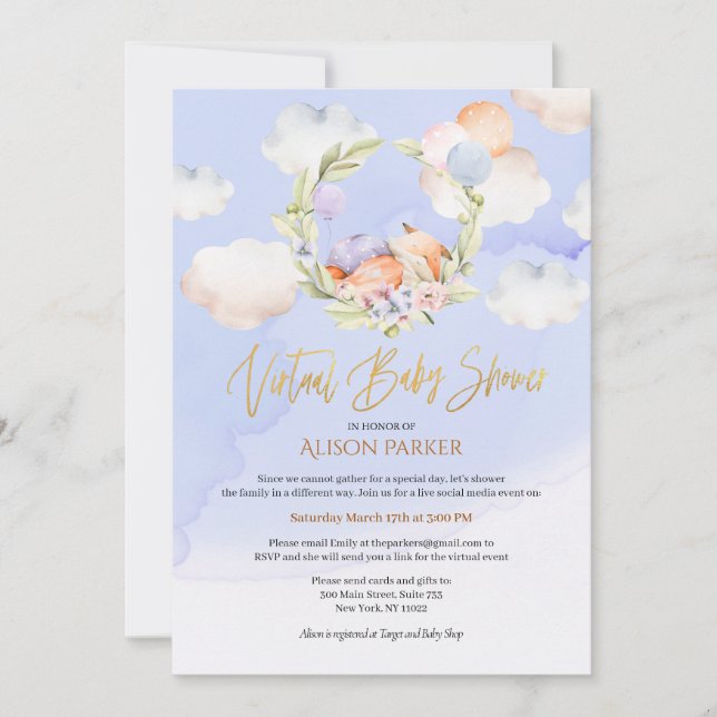 Woodland Fox Blue Sky Dream | Virtual Baby Shower Invitation (Front)
