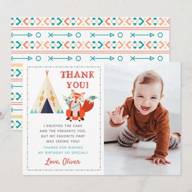 Woodland Fox Boho Birthday Photo Thank You Card (Front/Back)