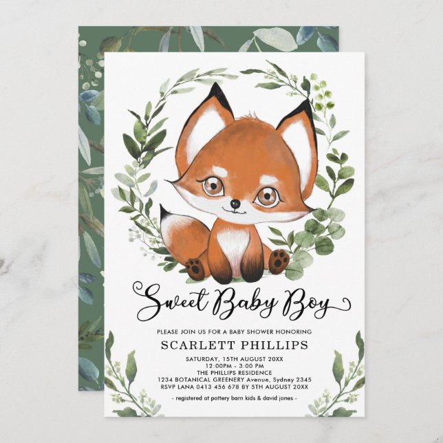 Woodland Fox Botanical Greenery Boy Baby Shower Invitation (Front/Back)