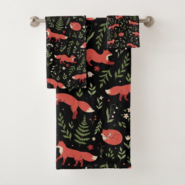 Woodland Fox Botanical Pattern Bath Towel Set (Insitu)