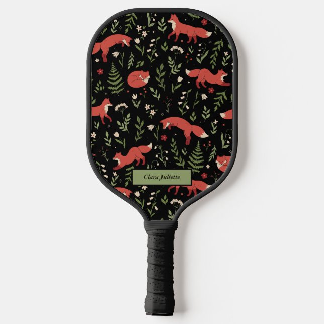 Woodland Fox Botanical Pattern Custom Name Pickleball Paddle (Back)