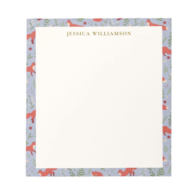 Woodland Fox Botanical Pattern Personalised Name Notepad (Front)